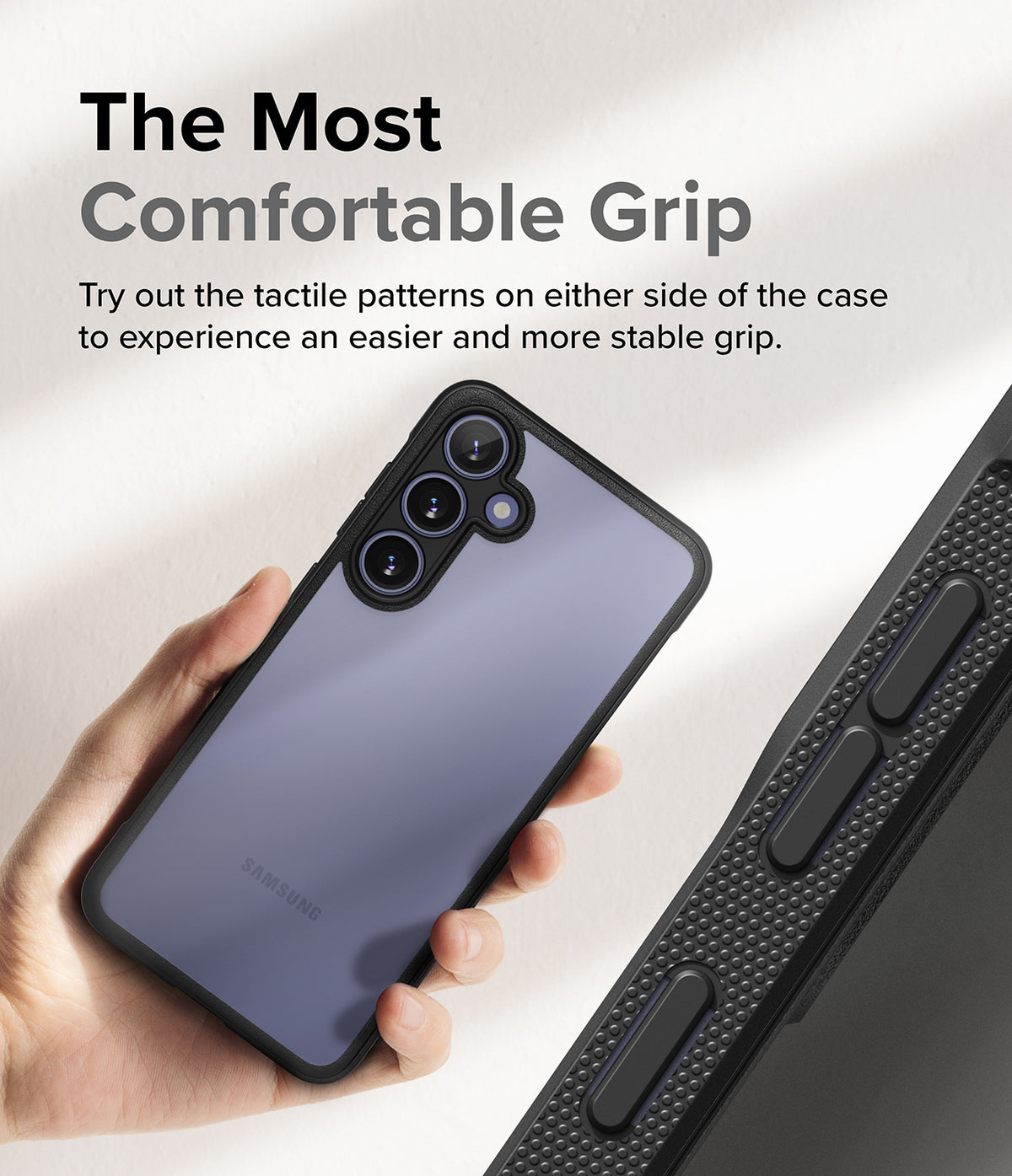 Galaxy S24 Case | Fusion Bold - Hand holding a phone in a black case with textured side grips for a stable hold.