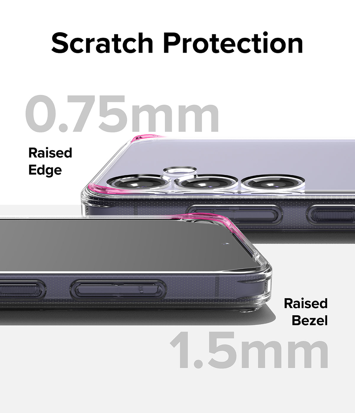Galaxy S24 Case | Fusion - Clear phone case showing 0.75mm raised camera edges and 1.5mm raised screen bezels for protection.