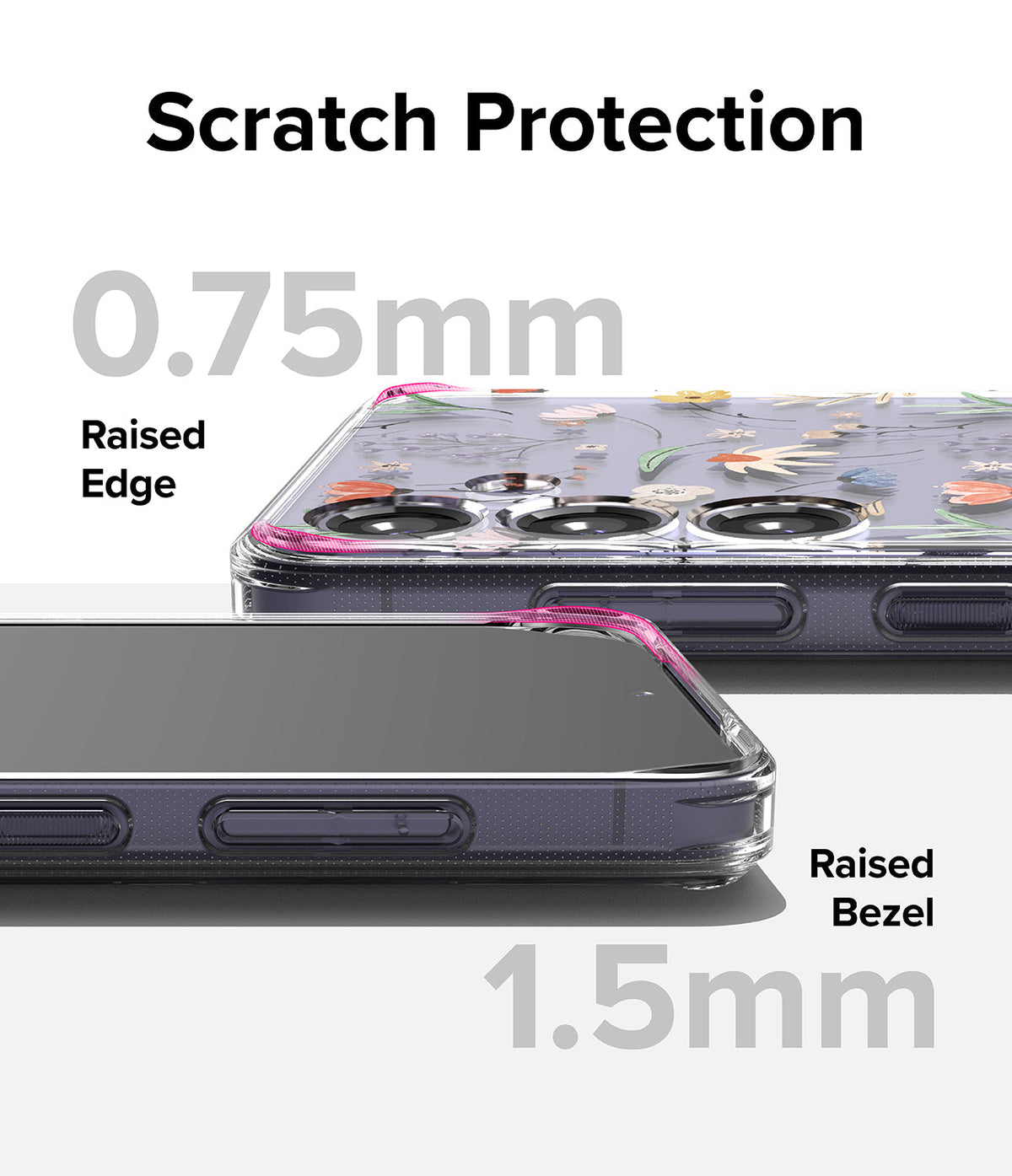 Galaxy S24 Case | Fusion Design - Floral phone case showing 0.75mm raised camera edge and 1.5mm raised screen bezel.