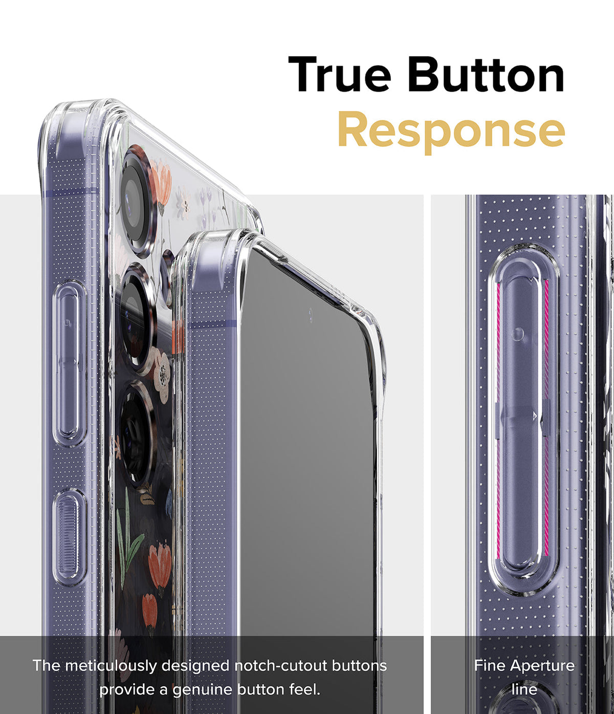 Galaxy S24 Case | Fusion Design - Close-up of clear phone case buttons with notch-cutouts for tactile response and aperture lines.