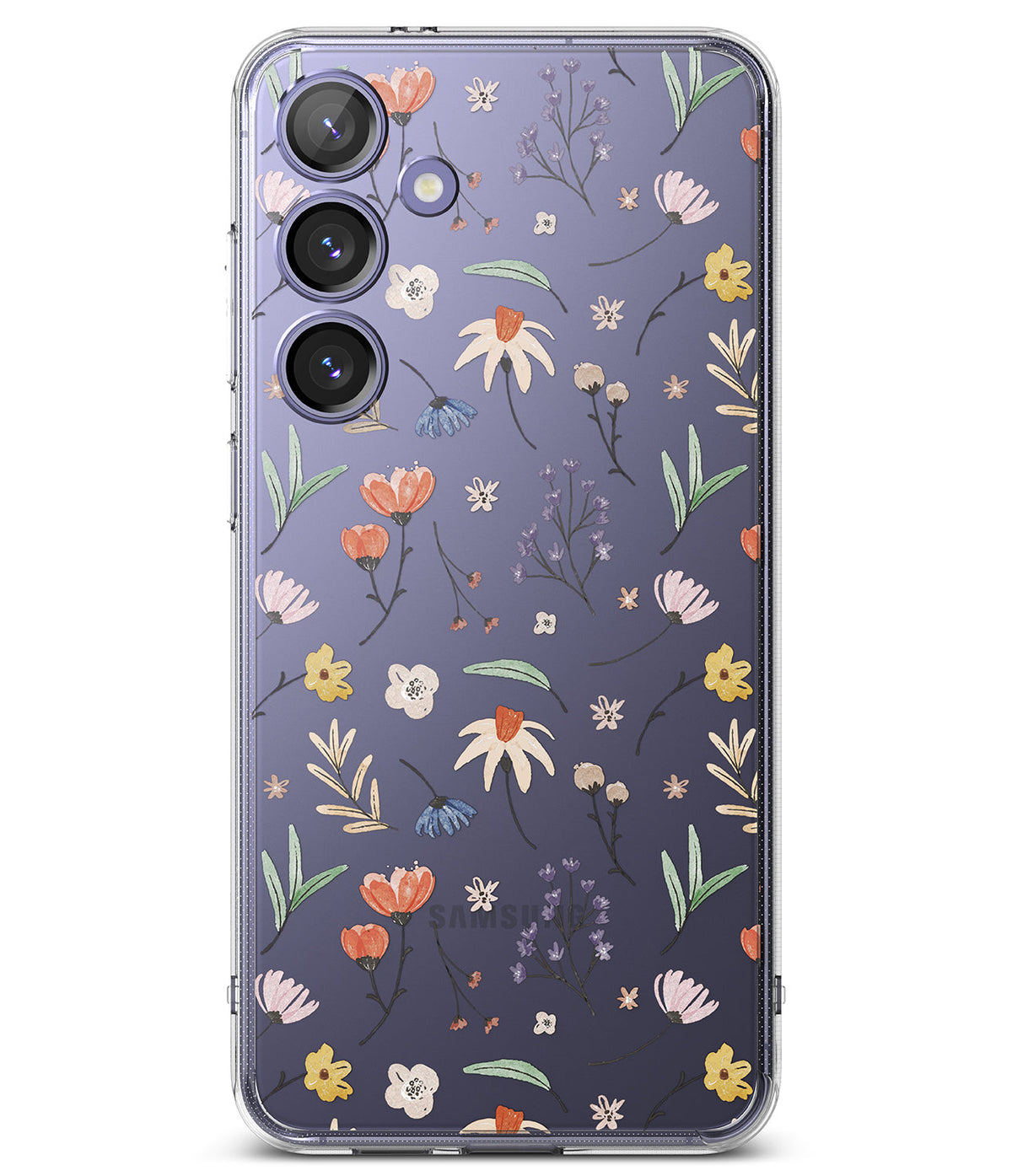 Galaxy S24 Case | Fusion Design - Clear phone case with a delicate, colorful floral pattern on a deep purple background.