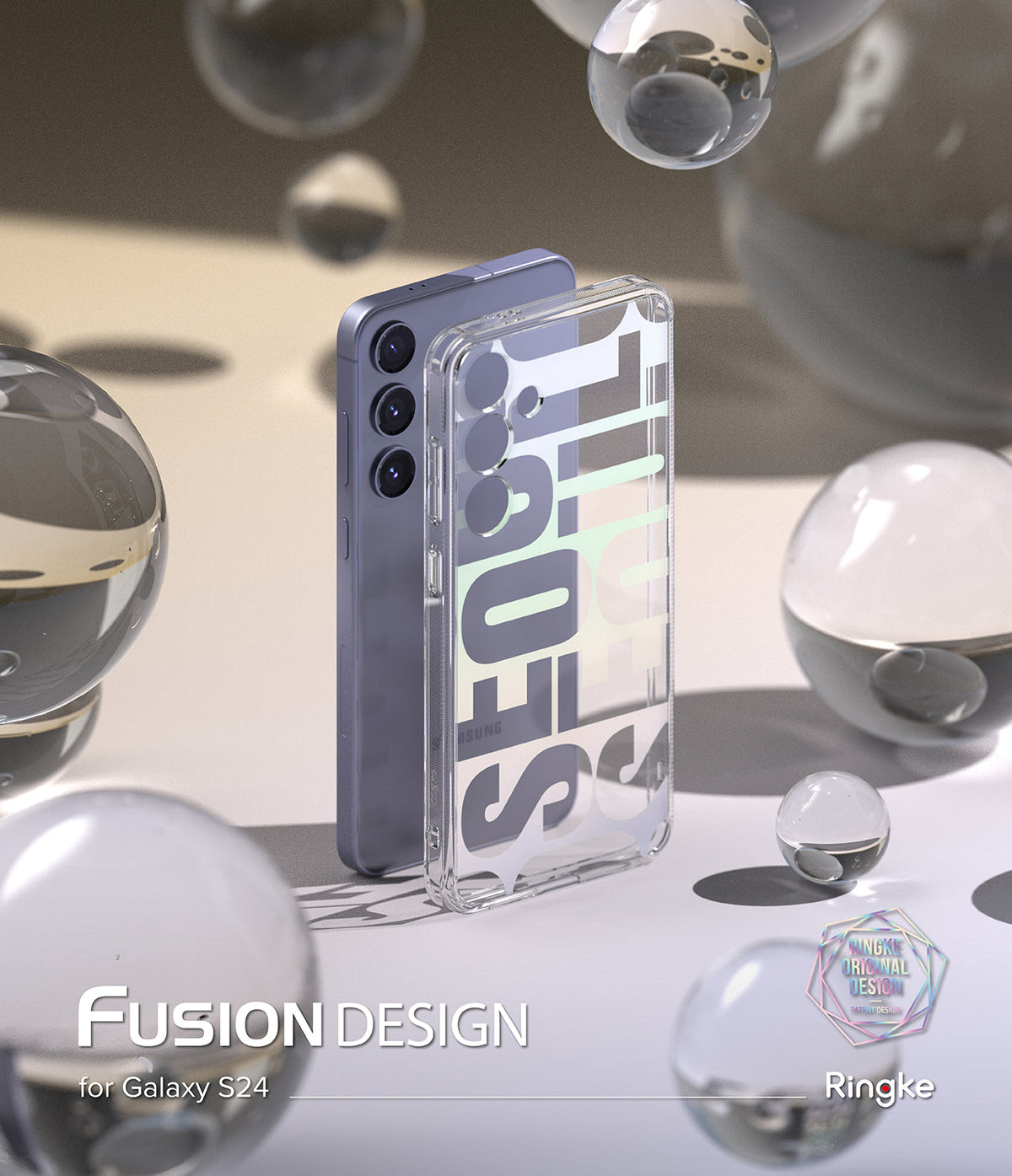 Galaxy S24 Case | Fusion Design - Clear phone case with SEOUL text overlaying a purple Galaxy S24 among floating glass orbs.