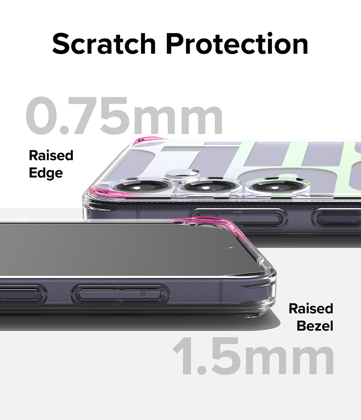 Galaxy S24 Case | Fusion Design - Close-up of phone case showing 0.75mm raised edge and 1.5mm raised bezel for scratch protection.