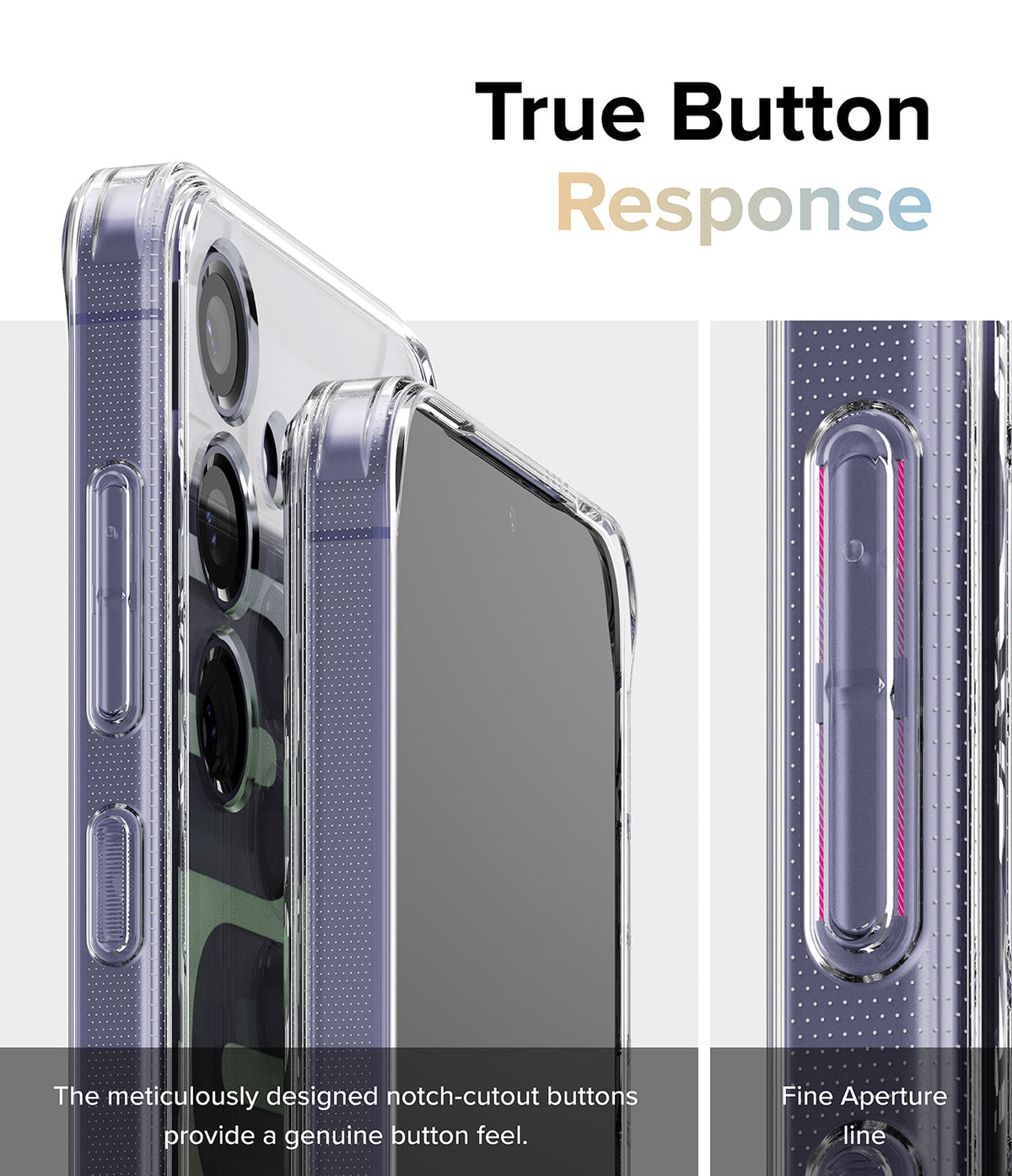 Galaxy S24 Case | Fusion Design - Close-up of clear phone case buttons with notch-cutout design for responsive tactile feedback.