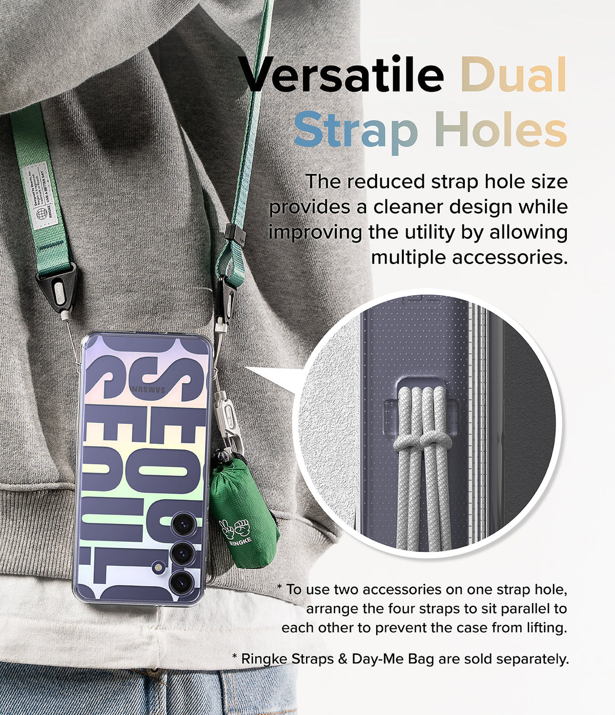 Galaxy S24 Case | Fusion Design - A phone case with dual strap holes holding a phone and accessory on a green lanyard.