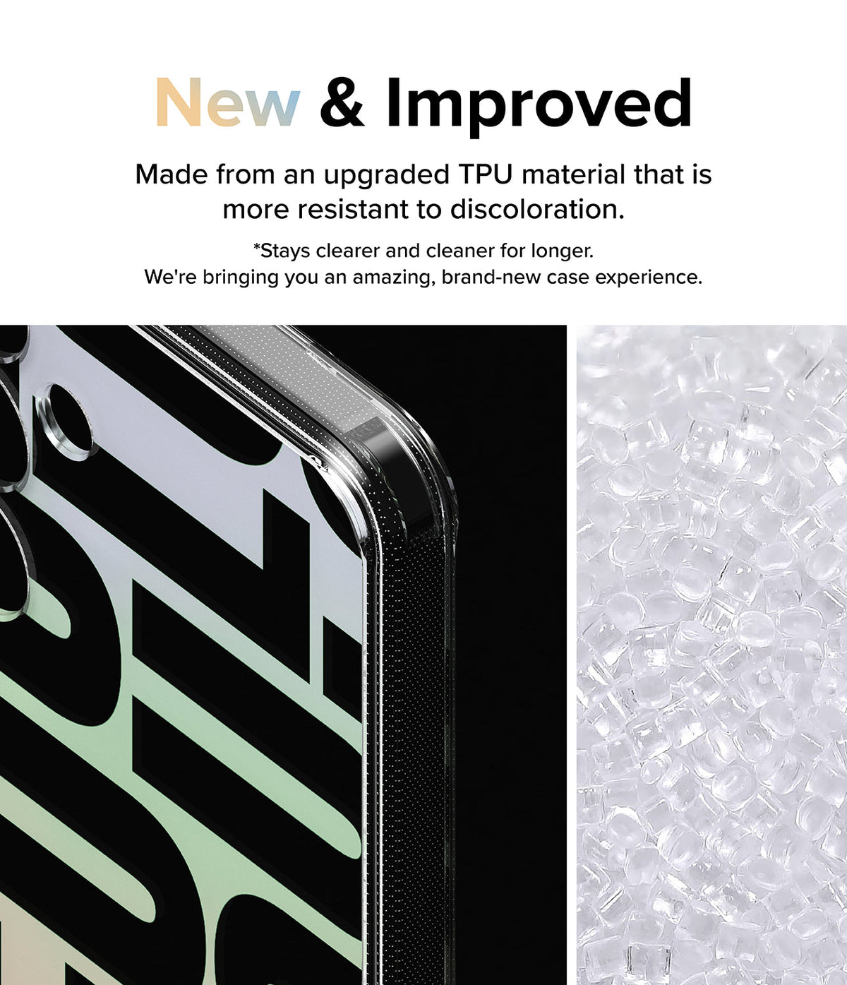 Galaxy S24 Case | Fusion Design - Close-up of a clear phone case corner next to a pile of raw, transparent TPU plastic pellets.