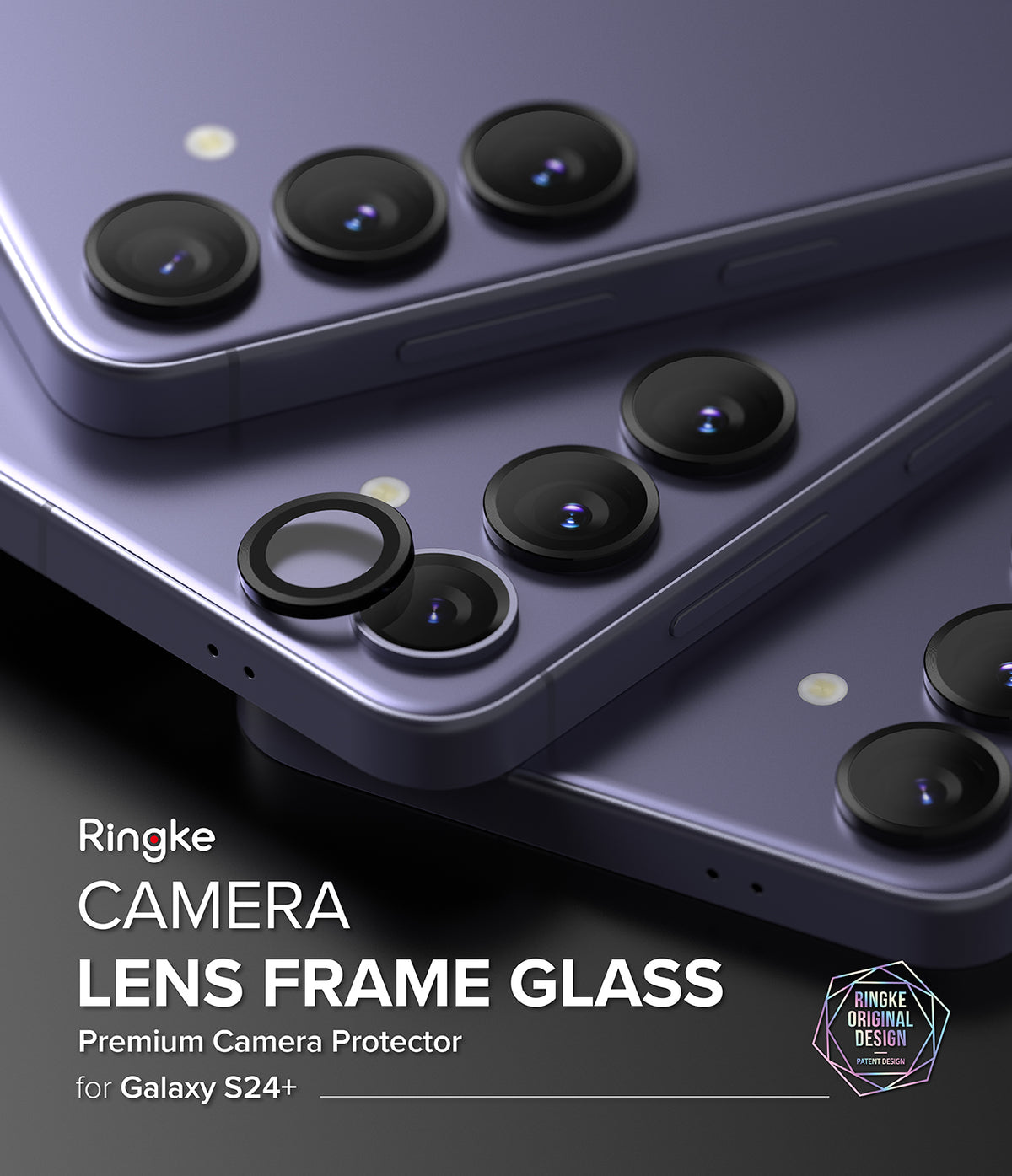 Galaxy S24 Plus Lens Protector | Camera Lens Frame Glass - Galaxy S24 Plus Lens Protector - Three purple Galaxy S24+ phones with black camera lens frame glass protectors installed.
