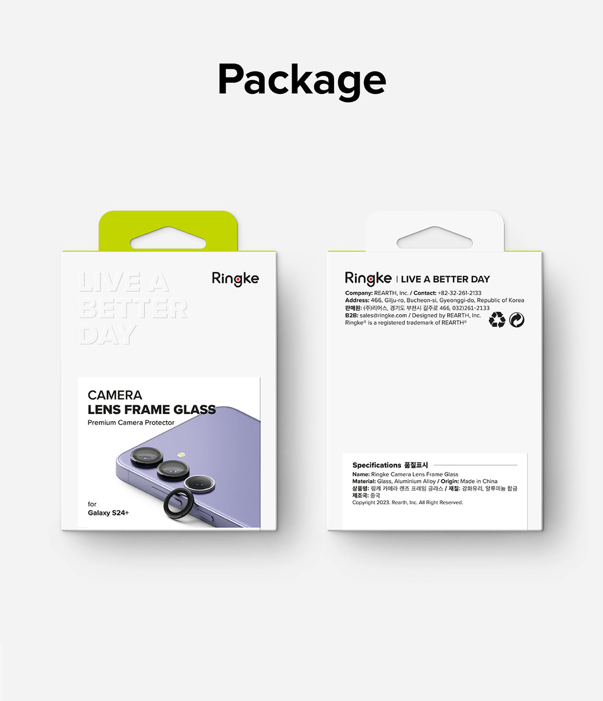 Galaxy S24 Plus Lens Protector | Camera Lens Frame Glass - Galaxy S24 Plus Lens Protector - Front and back view of Ringke camera lens protector packaging for Galaxy S24 Plus.