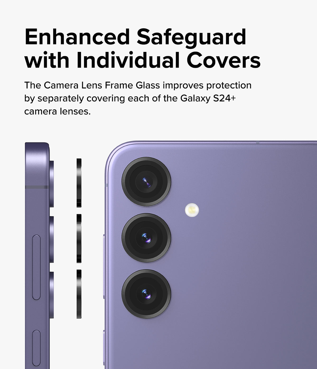Galaxy S24 Plus Lens Protector | Camera Lens Frame Glass - Galaxy S24 Plus Lens Protector - Three individual black lens covers aligning with the purple Galaxy S24+ camera lenses.