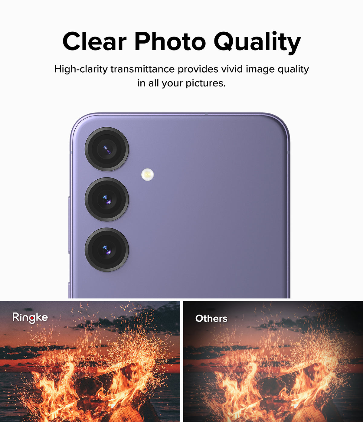 Galaxy S24 Plus Lens Protector | Camera Lens Frame Glass - Galaxy S24 Plus Lens Protector - Comparison showing clear photo quality with Ringke lens protector versus a dim image.