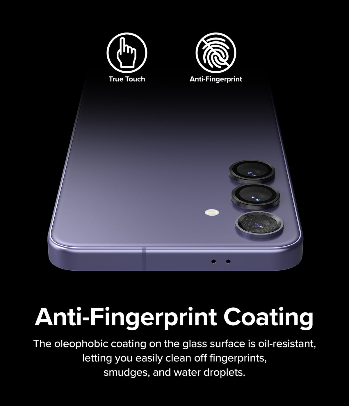 Galaxy S24 Plus Lens Protector | Camera Lens Frame Glass - Galaxy S24 Plus Lens Protector - Purple phone with black camera lens protectors, featuring True Touch and Anti-Fingerprint icons.