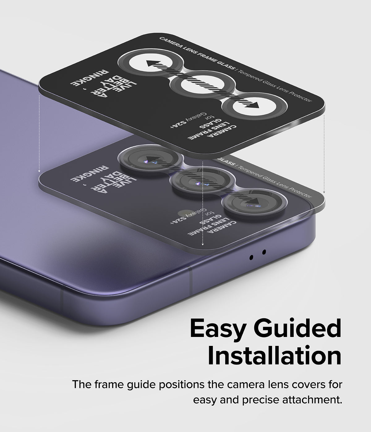 Galaxy S24 Plus Lens Protector | Camera Lens Frame Glass - Galaxy S24 Plus Lens Protector - A frame guide aligning tempered glass covers onto a purple smartphone camera array.