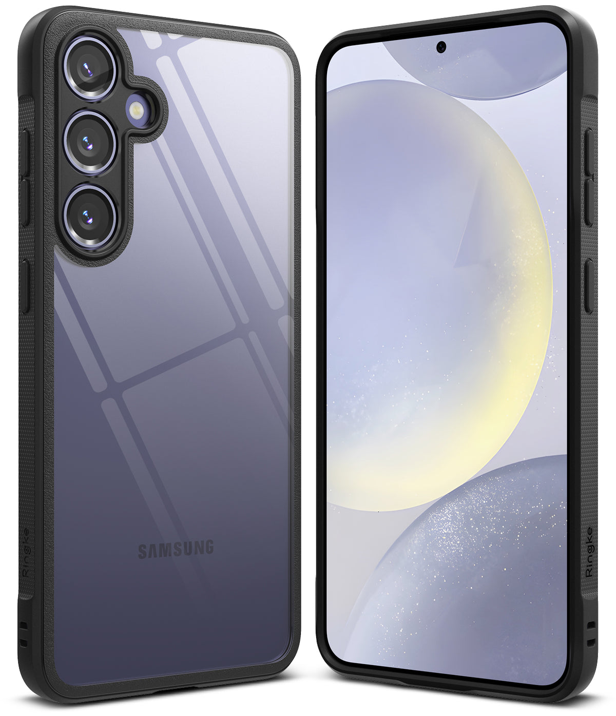 Galaxy S24 Case | Fusion Bold - Front and back views of a black phone case with a clear back panel on a Galaxy S24.