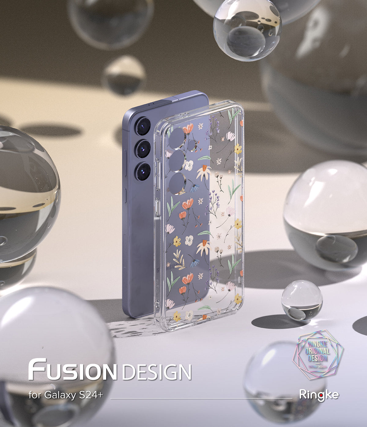 Galaxy S24 Plus Case | Fusion Design - Clear phone case with floral print shown next to a purple Galaxy S24+ among glass spheres.