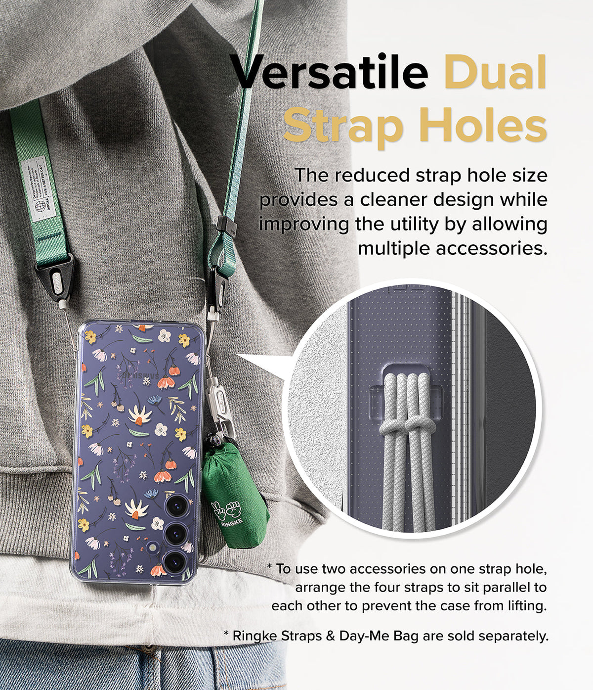 Galaxy S24 Plus Case | Fusion Design - Floral phone case with dual strap holes holding a lanyard and small green bag.