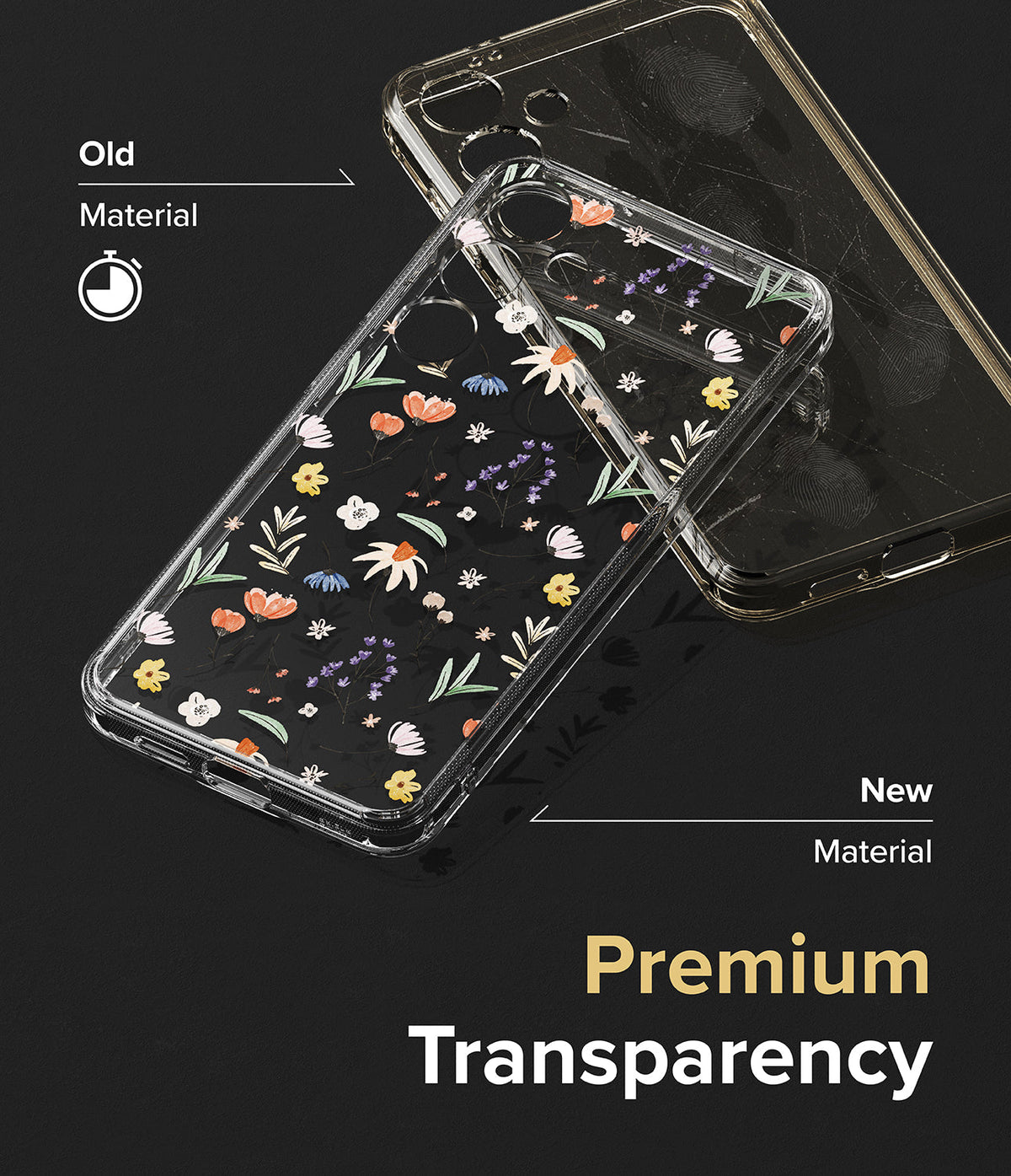 Galaxy S24 Plus Case | Fusion Design - Comparison of yellowed old phone case material versus clear new floral case.