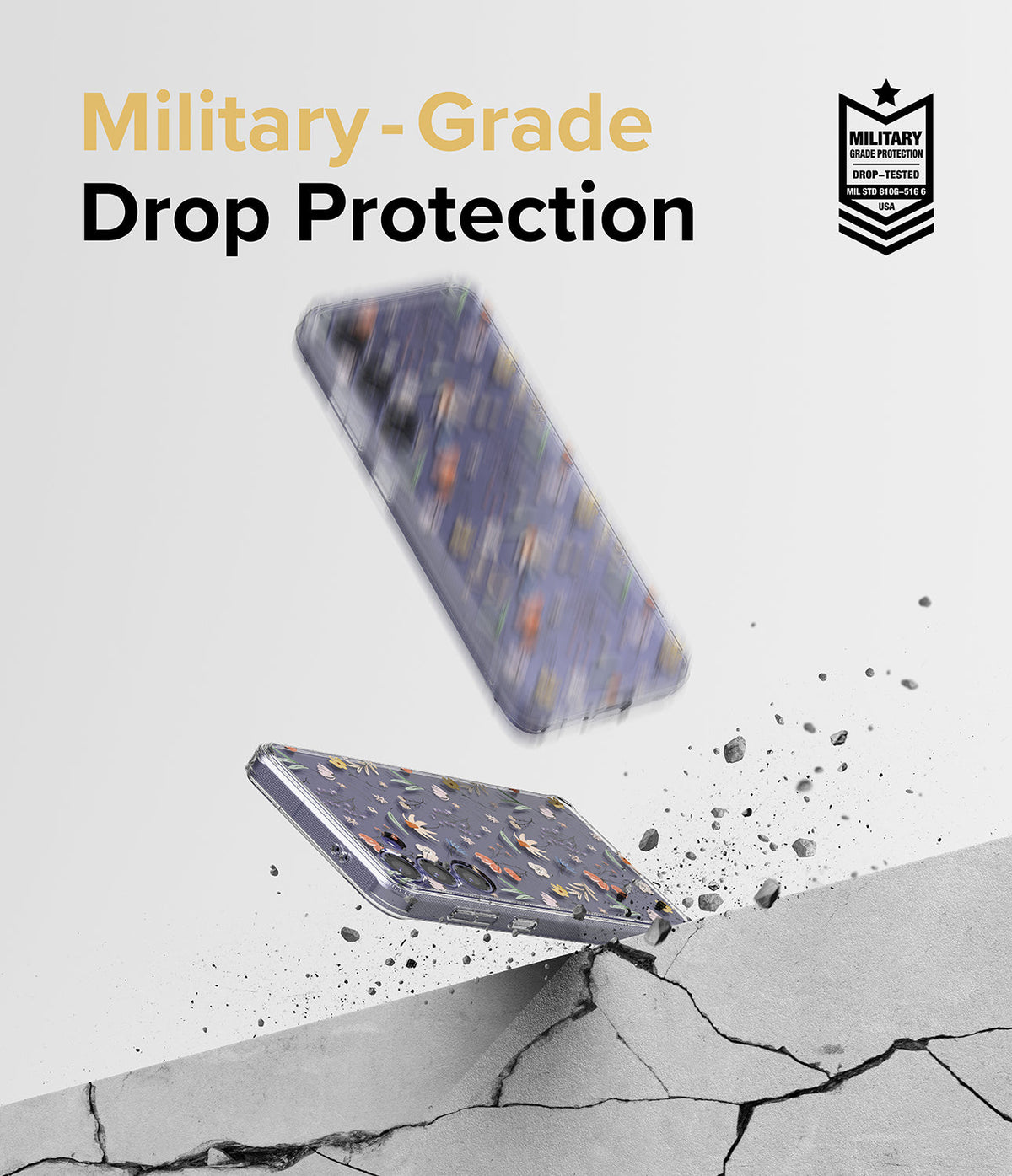 Galaxy S24 Plus Case | Fusion Design - Floral phone case hitting concrete with debris, showing military-grade drop protection.