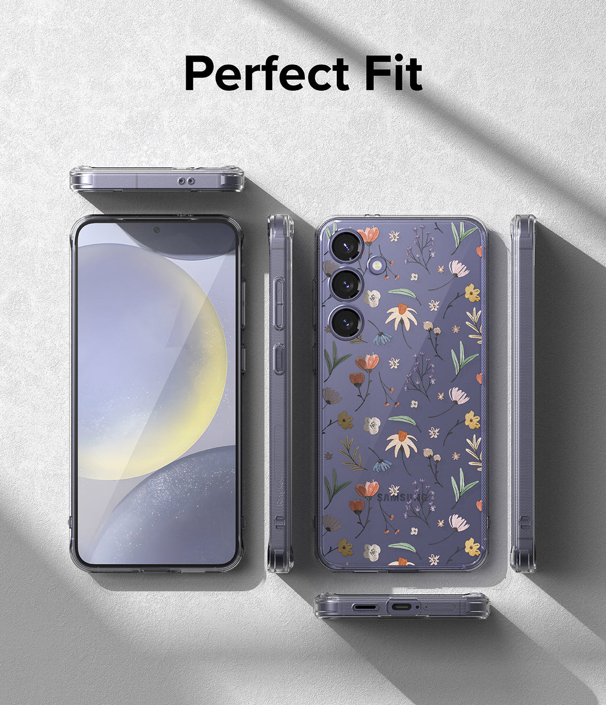 Galaxy S24 Plus Case | Fusion Design - Clear phone case with floral pattern shown from multiple angles on gray background.