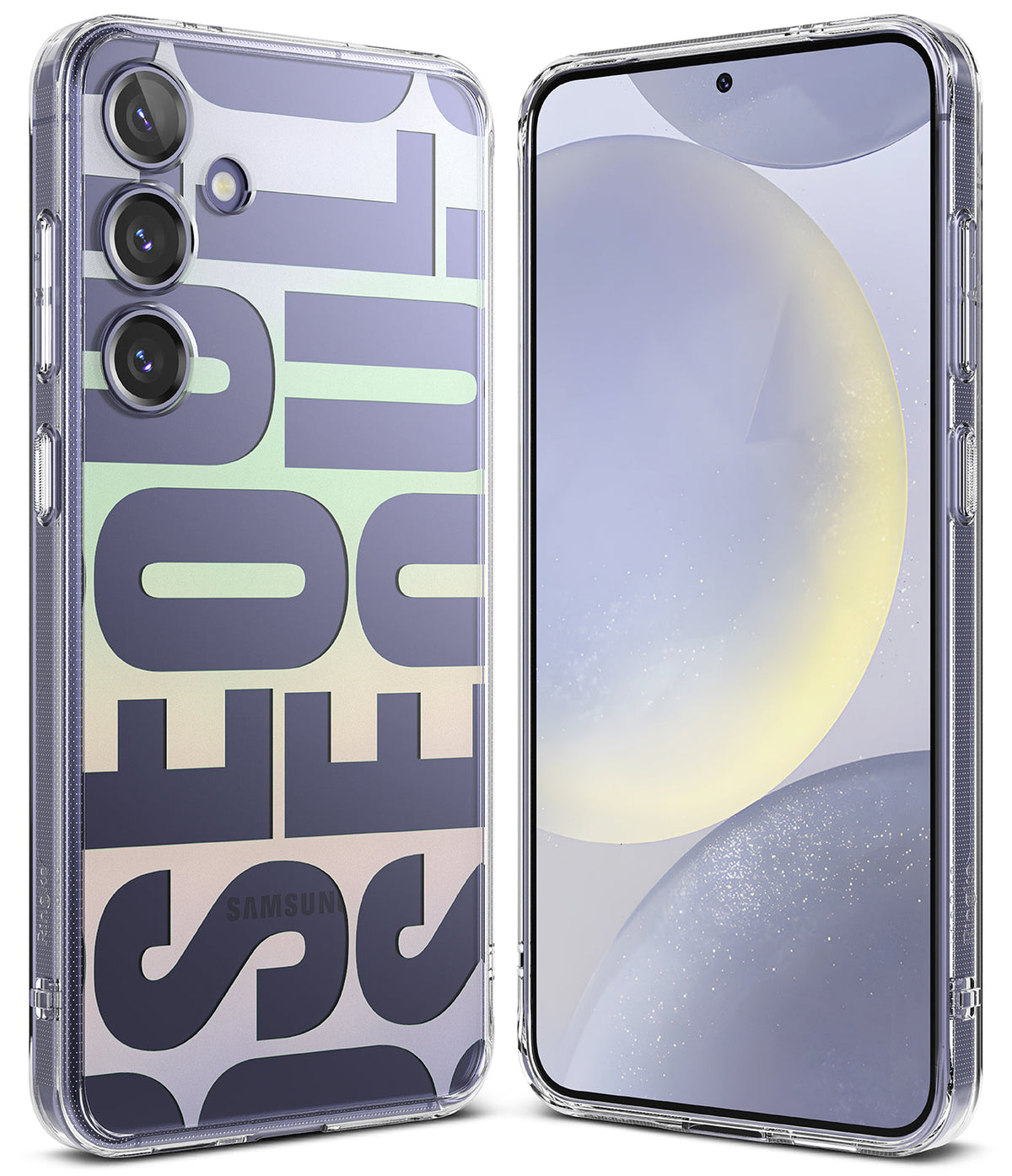 Galaxy S24 Plus Case | Fusion Design - Clear phone case with a pastel gradient and large SEOUL typography on the back.