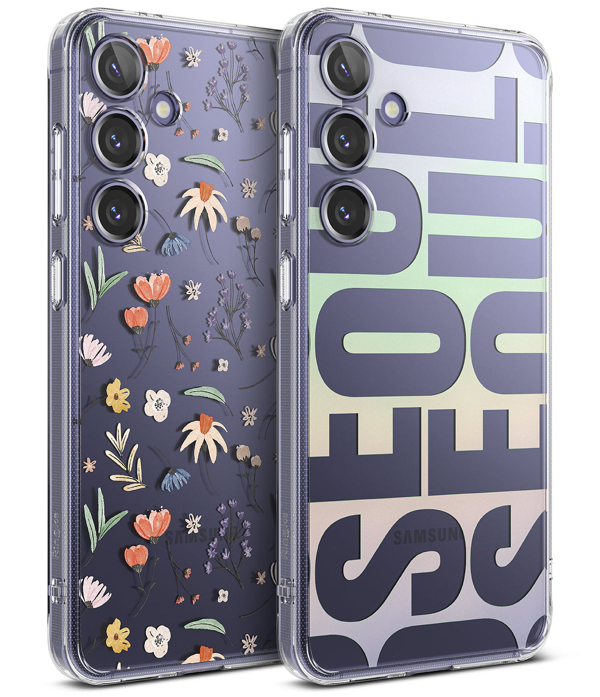 Galaxy S24 Plus Case | Fusion Design - Two clear phone cases, one with floral patterns and one with large SEOUL text.