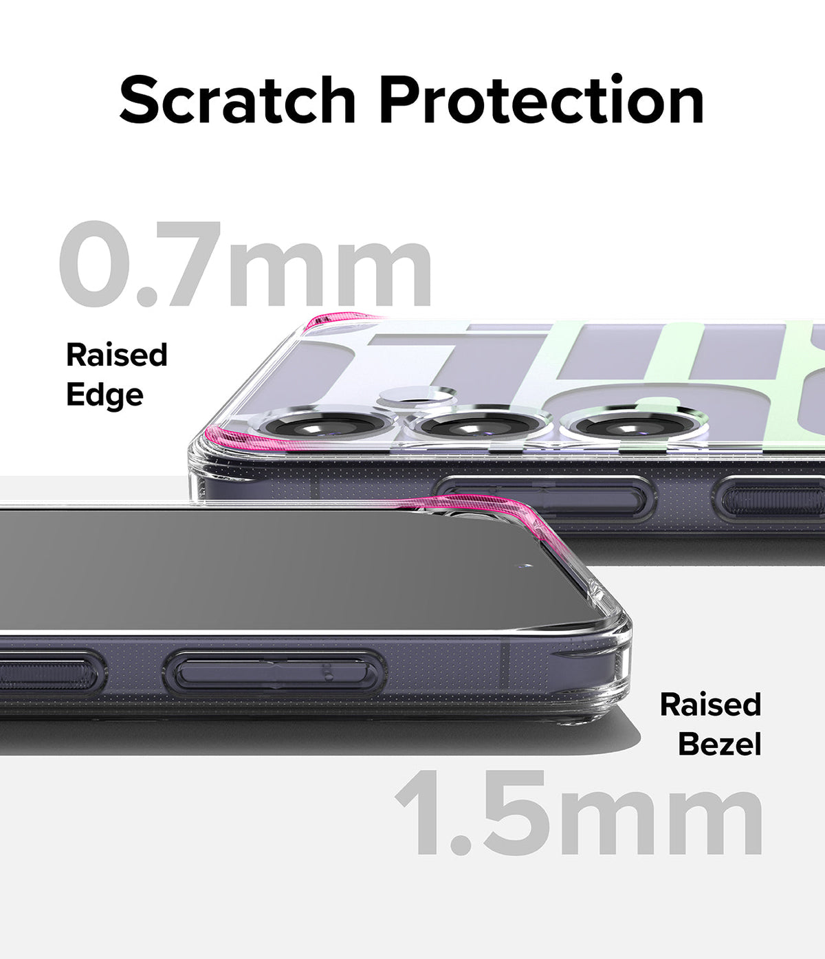 Galaxy S24 Plus Case | Fusion Design - Close-up of phone case showing 0.7mm raised camera edge and 1.5mm raised screen bezel.