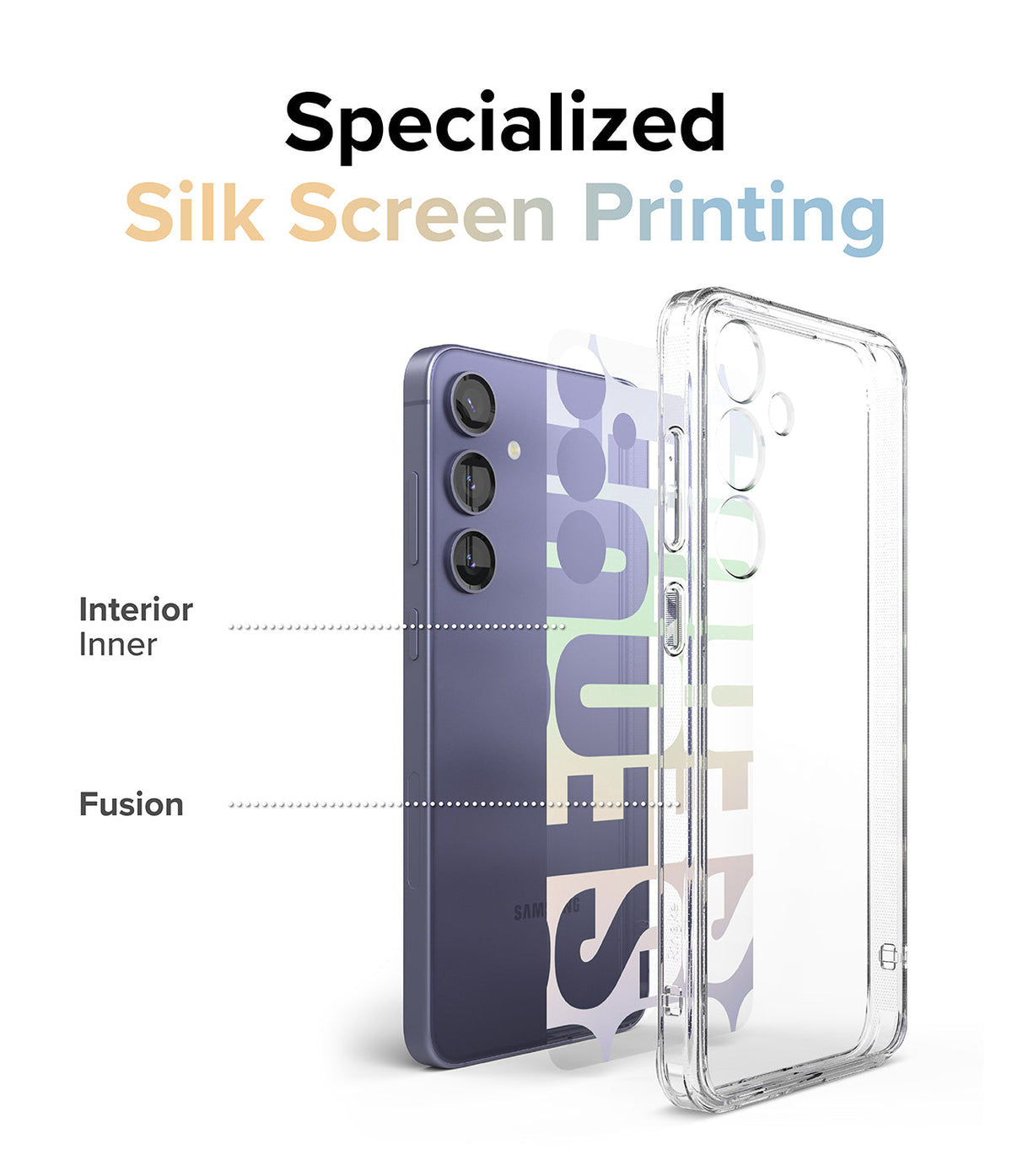 Galaxy S24 Plus Case | Fusion Design - Exploded view of a purple phone, patterned inner film, and clear protective case.