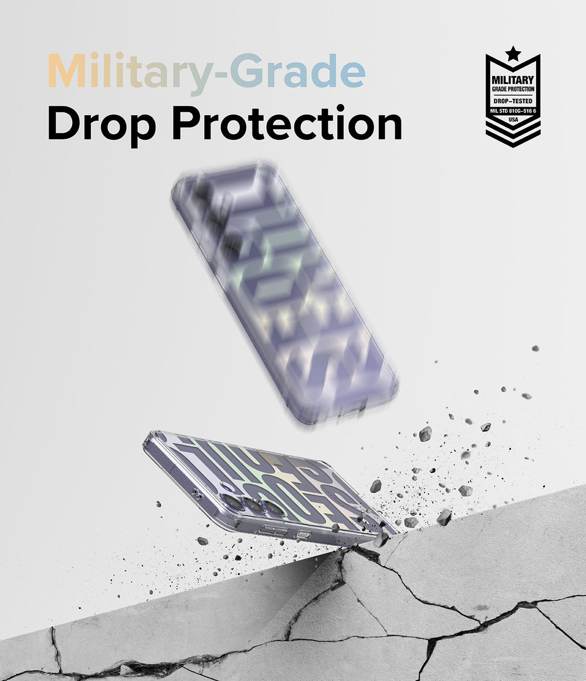 Galaxy S24 Plus Case | Fusion Design - A phone case bouncing off a cracked concrete surface with military-grade drop protection text.