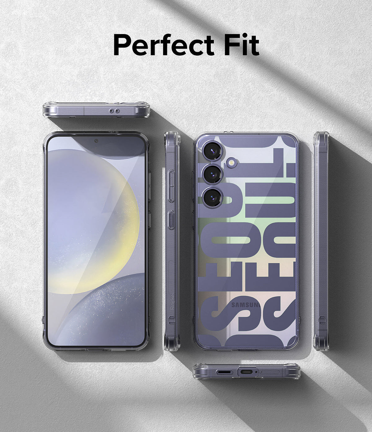 Galaxy S24 Plus Case | Fusion Design - Clear phone case with Seoul typography on a Galaxy S24 Plus shown from all angles.