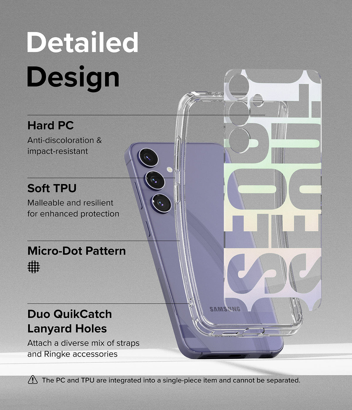 Galaxy S24 Plus Case | Fusion Design - Exploded view of a purple phone and clear case highlighting material features.