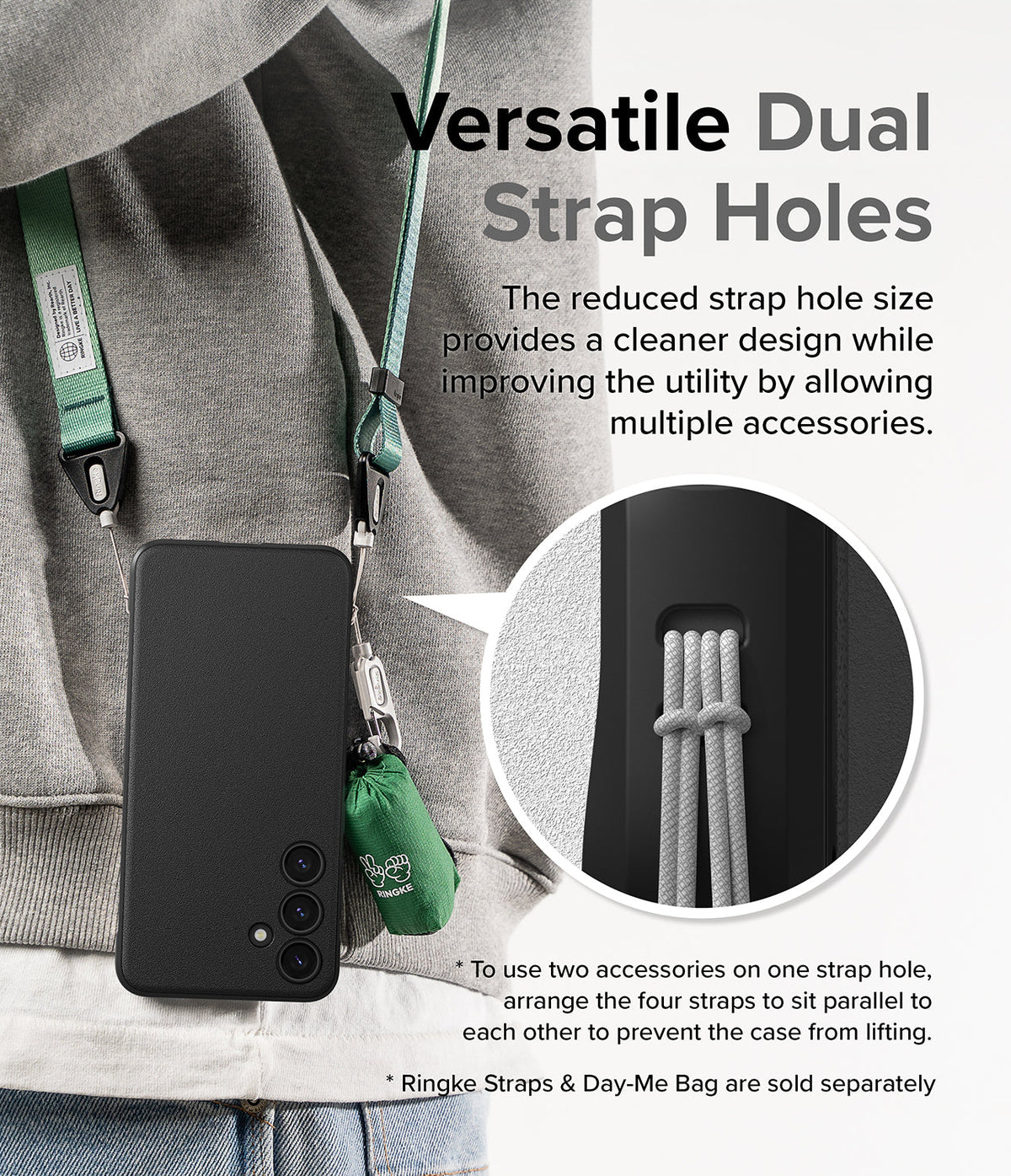 Galaxy S24 Plus Case | Onyx - Black phone case with dual strap holes holding multiple accessories via green and grey cords.