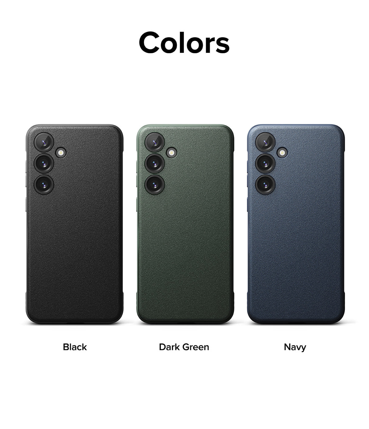 Galaxy S24 Case | Onyx - Three textured Galaxy S24 cases in black, dark green, and navy arranged side-by-side.