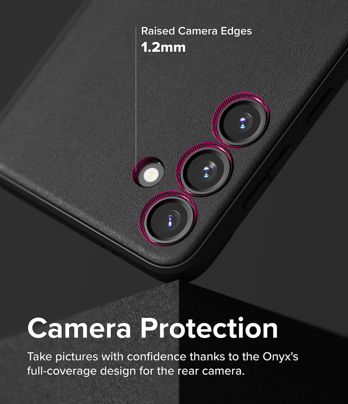 Galaxy S24 Plus Case | Onyx - Close-up of black phone case highlighting 1.2mm raised camera edges with pink ring accents.
