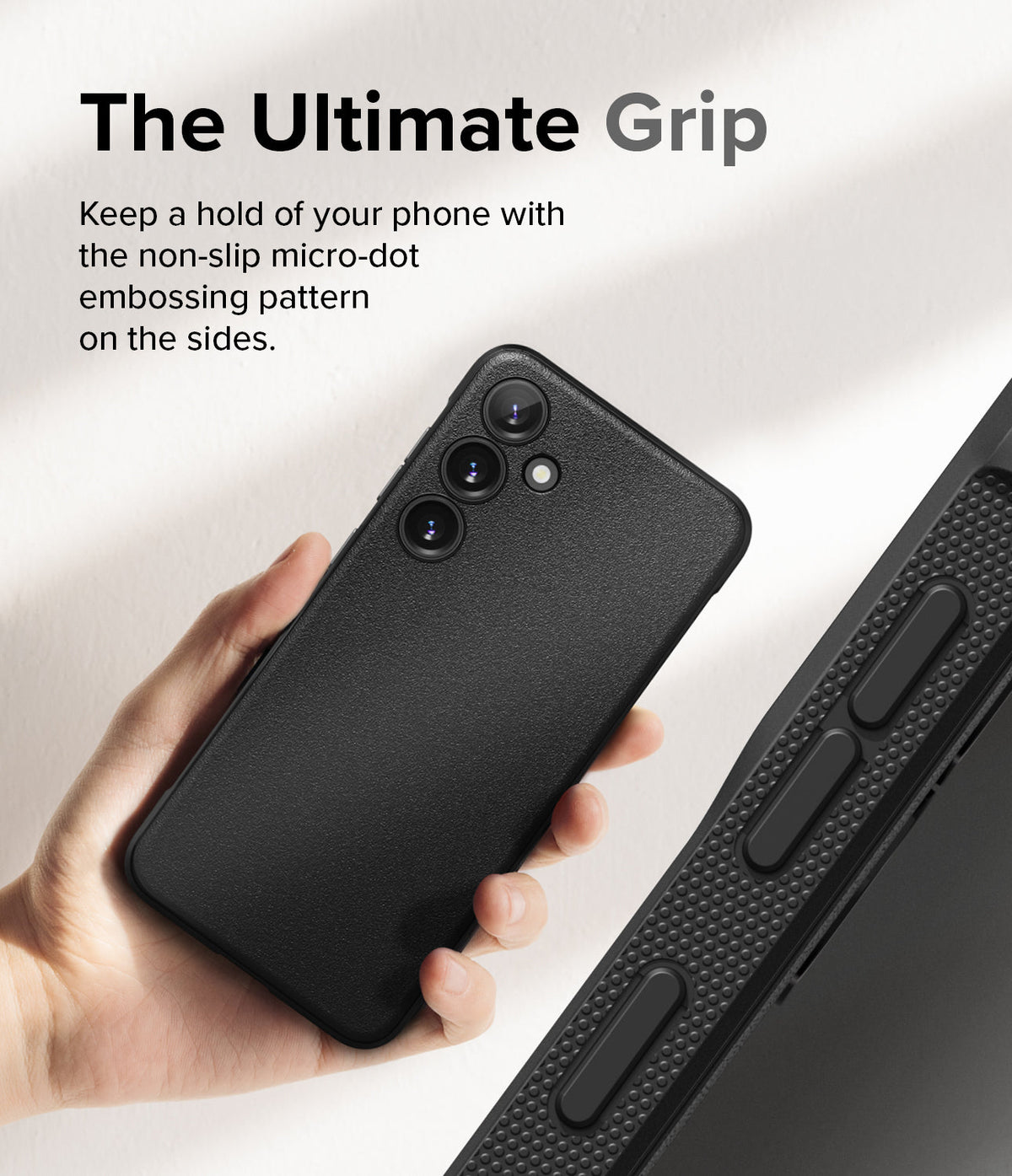 Galaxy S24 Case | Onyx - Hand holding a black textured phone case next to a close-up of its micro-dot non-slip side grip.