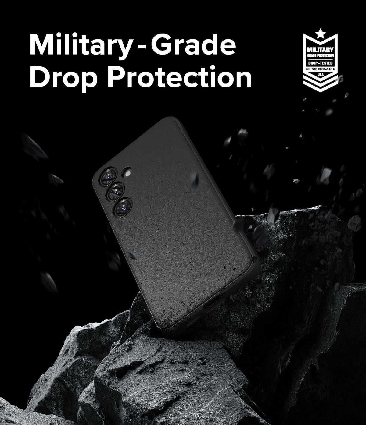 Galaxy S24 Case | Onyx - Black phone case on a rocky surface with debris and a military-grade drop protection badge.