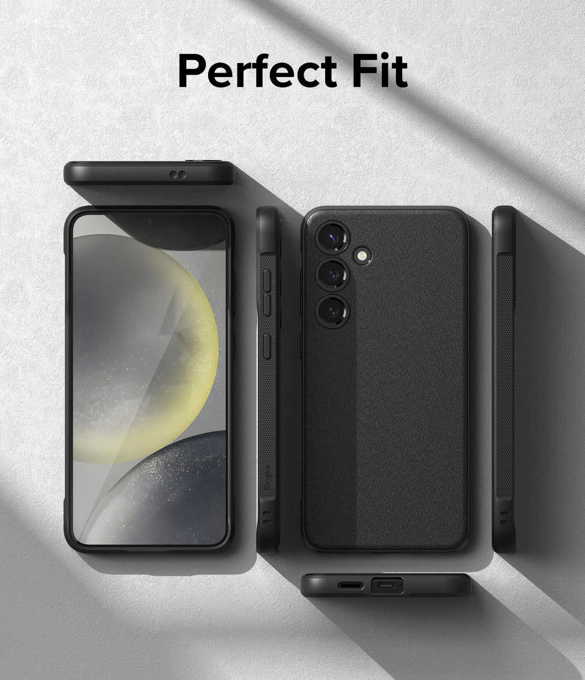 Galaxy S24 Case | Onyx - Multiple views of a black phone case showing front, back, and side profiles on a textured surface.