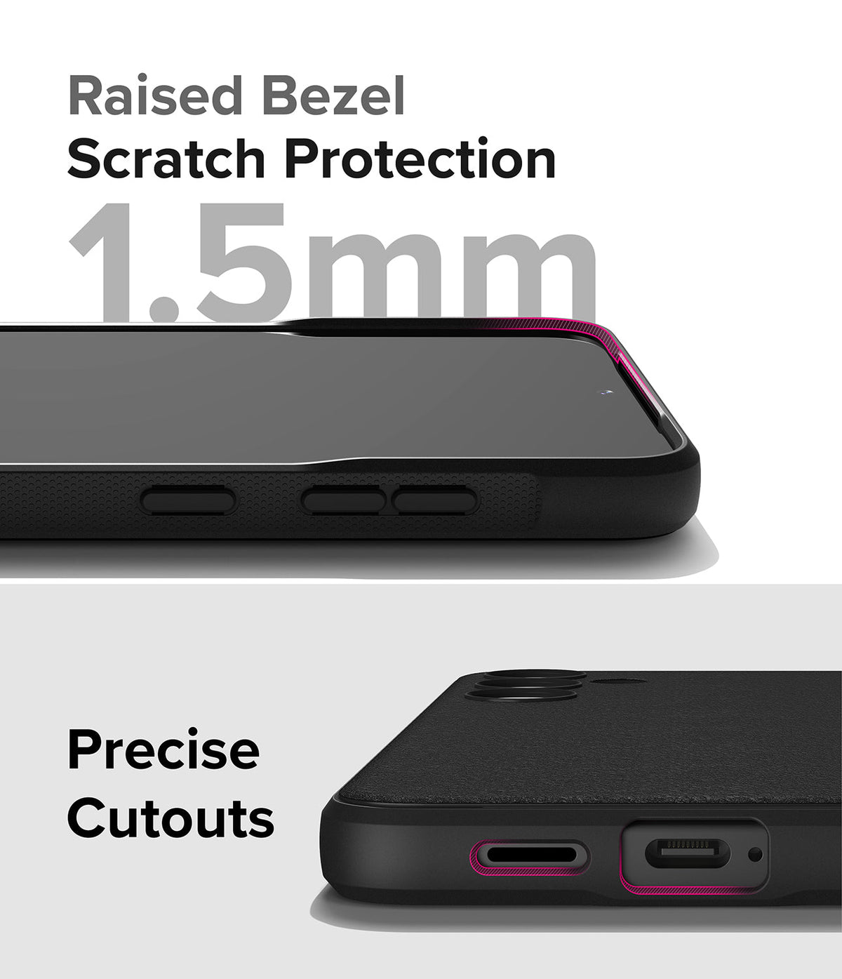 Galaxy S24 Plus Case | Onyx - Close-up of phone case showing 1.5mm raised bezel for screen protection and precise port cutouts.