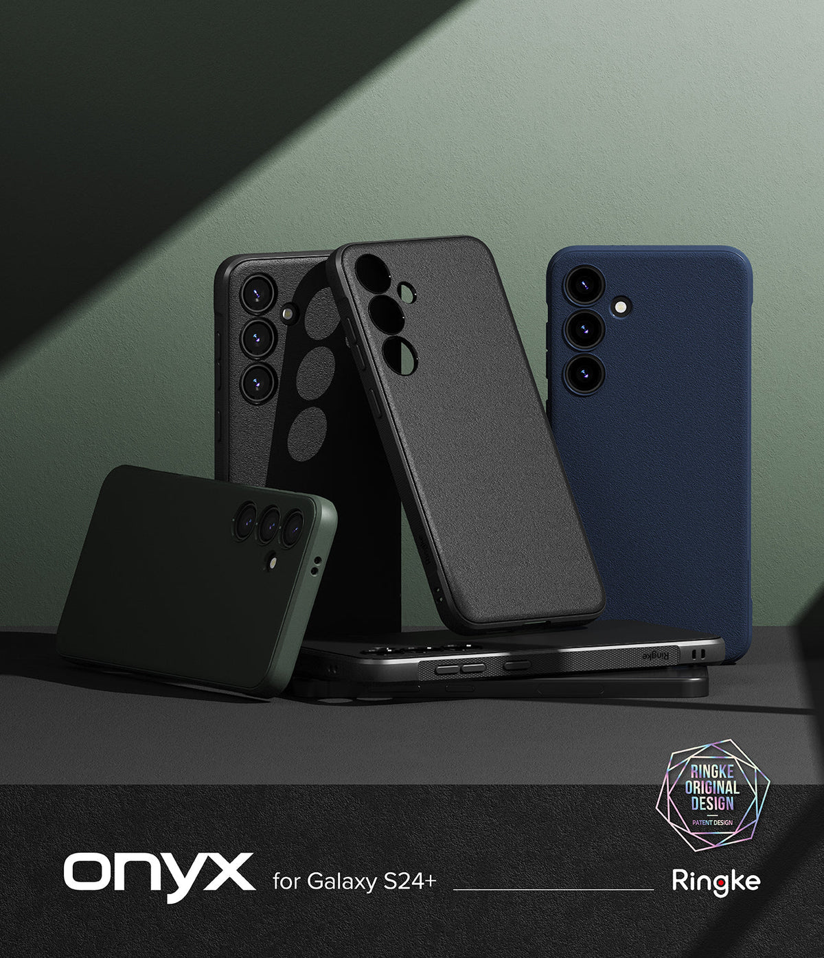 Galaxy S24 Plus Case | Onyx - Multiple textured Onyx phone cases for Galaxy S24+ arranged on a dark surface.