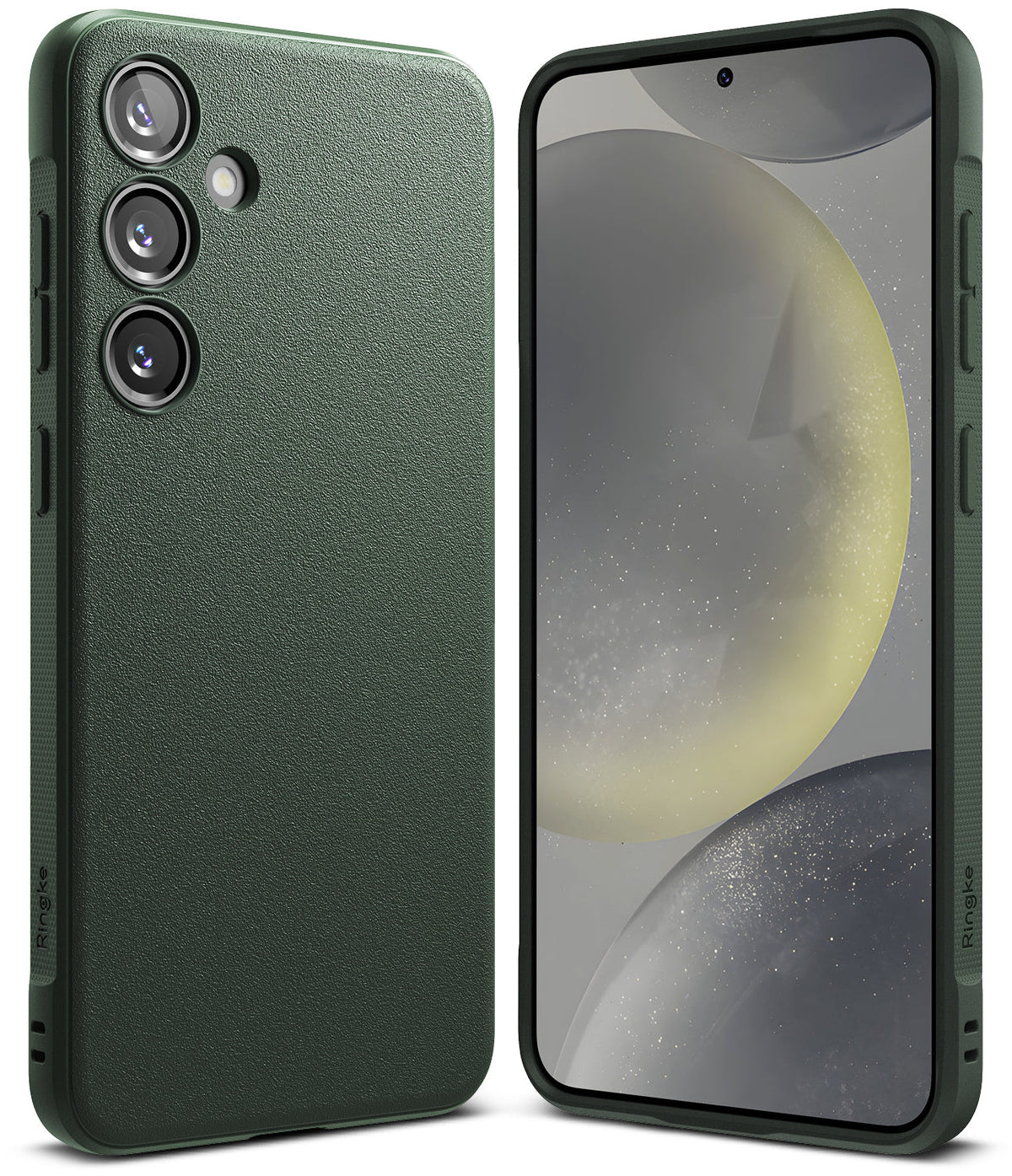 Galaxy S24 Case | Onyx - Front and back view of a textured dark green phone case on a Galaxy S24 with a spherical wallpaper.