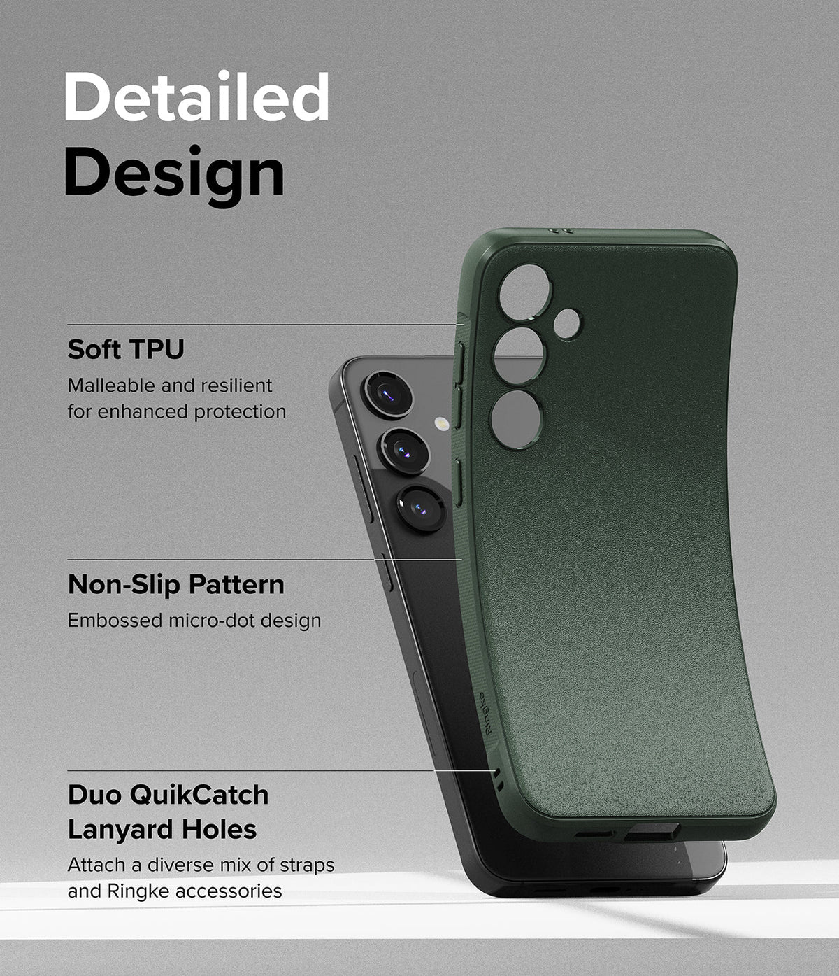 Galaxy S24 Case | Onyx - Dark green flexible phone case showing TPU material, non-slip texture, and lanyard holes.