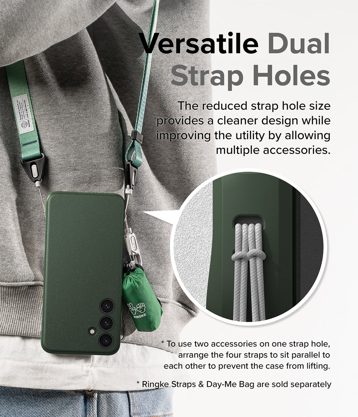Galaxy S24 Case | Onyx - Green phone case with dual strap holes holding a green lanyard and small accessory bag.