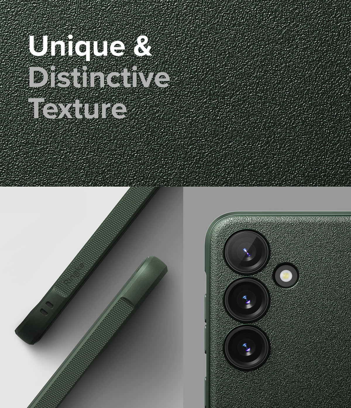Galaxy S24 Plus Case | Onyx - Close-up of a dark green textured phone case with camera lens cutouts and side button details.