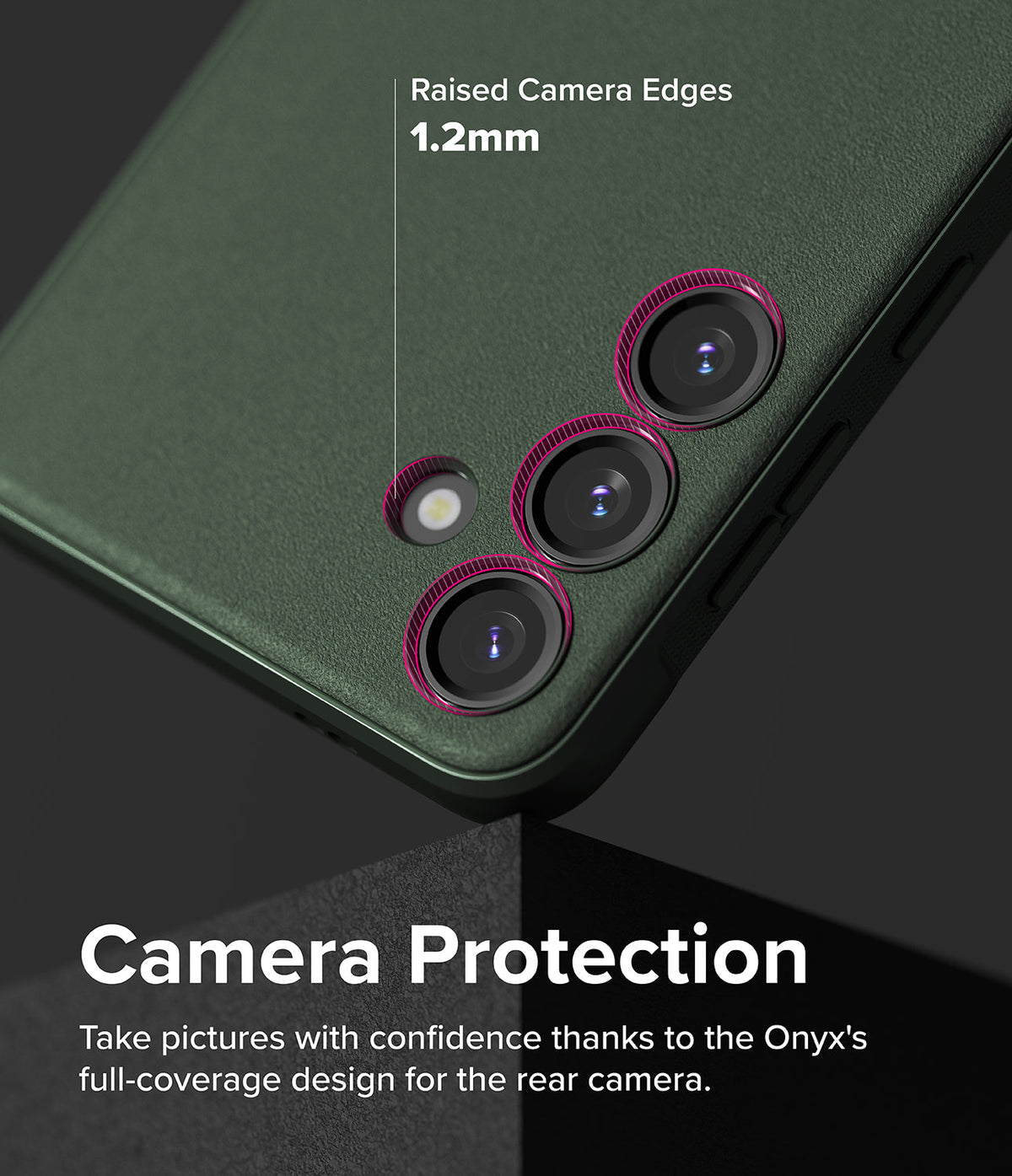 Galaxy S24 Case | Onyx - Close-up of green phone case highlighting 1.2mm raised edges around the camera lenses for protection.