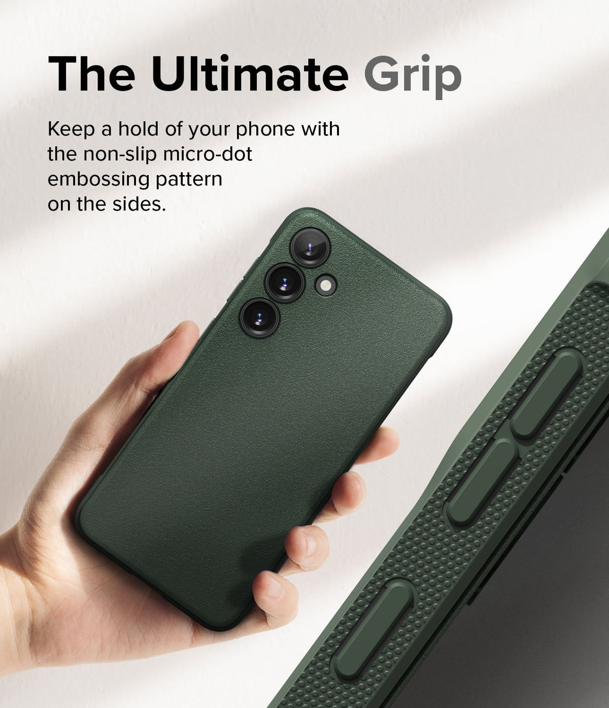Galaxy S24 Case | Onyx - Hand holding a dark green phone case with a textured side showing a non-slip micro-dot pattern.