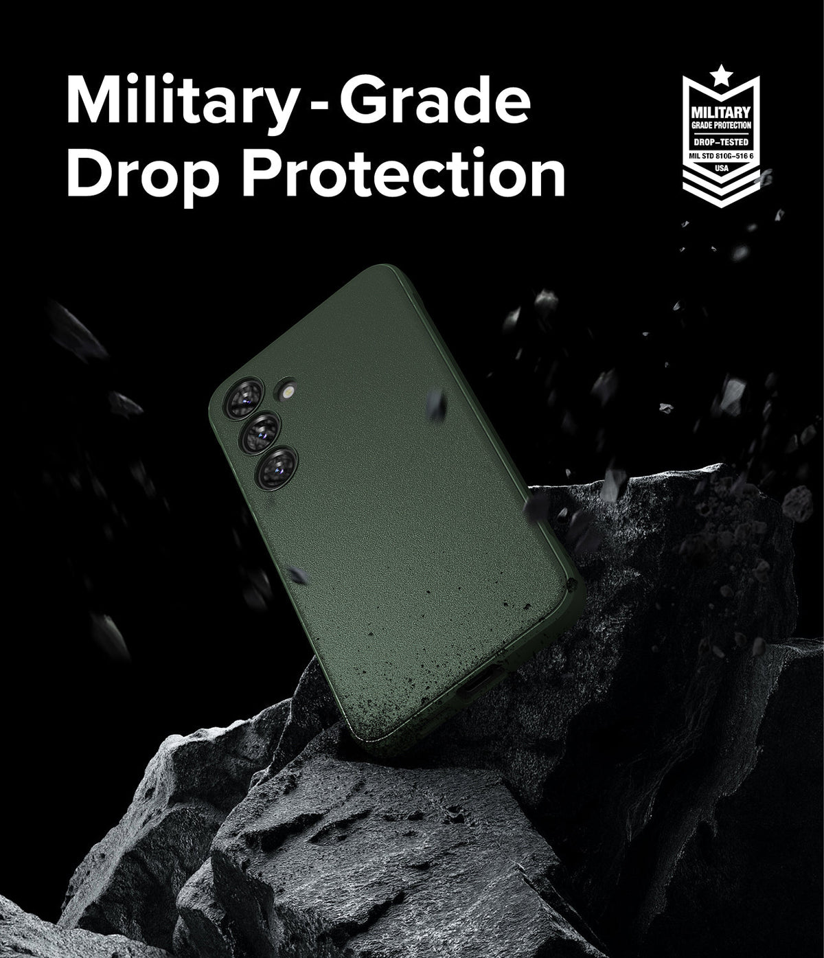 Galaxy S24 Plus Case | Onyx - Dark green phone case floating above jagged rocks with military-grade drop protection text.