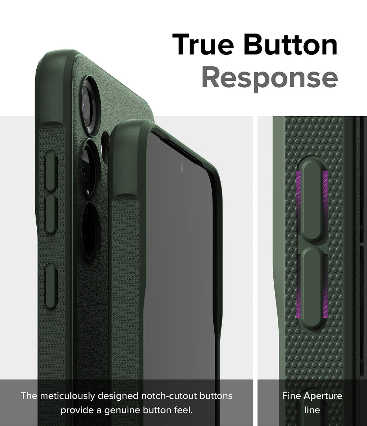 Galaxy S24 Plus Case | Onyx - Close-up of dark green phone case buttons with notch-cutouts for tactile response.