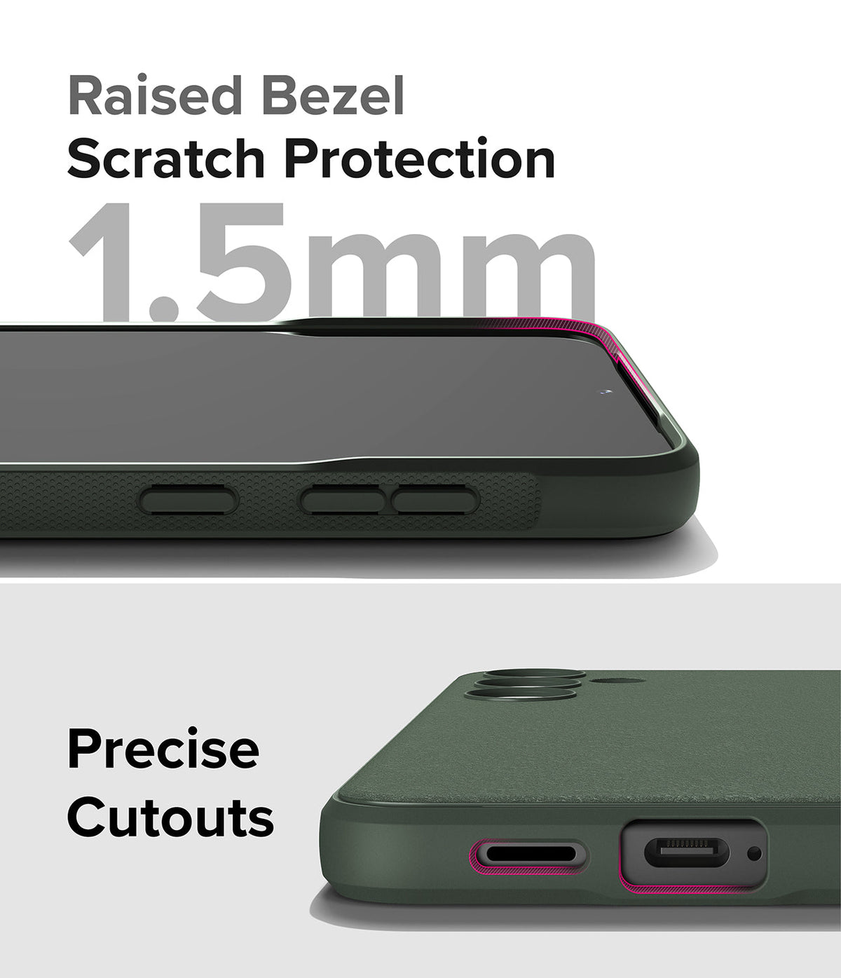Galaxy S24 Plus Case | Onyx - Close-up of phone case showing 1.5mm raised screen bezel and precise port cutouts.
