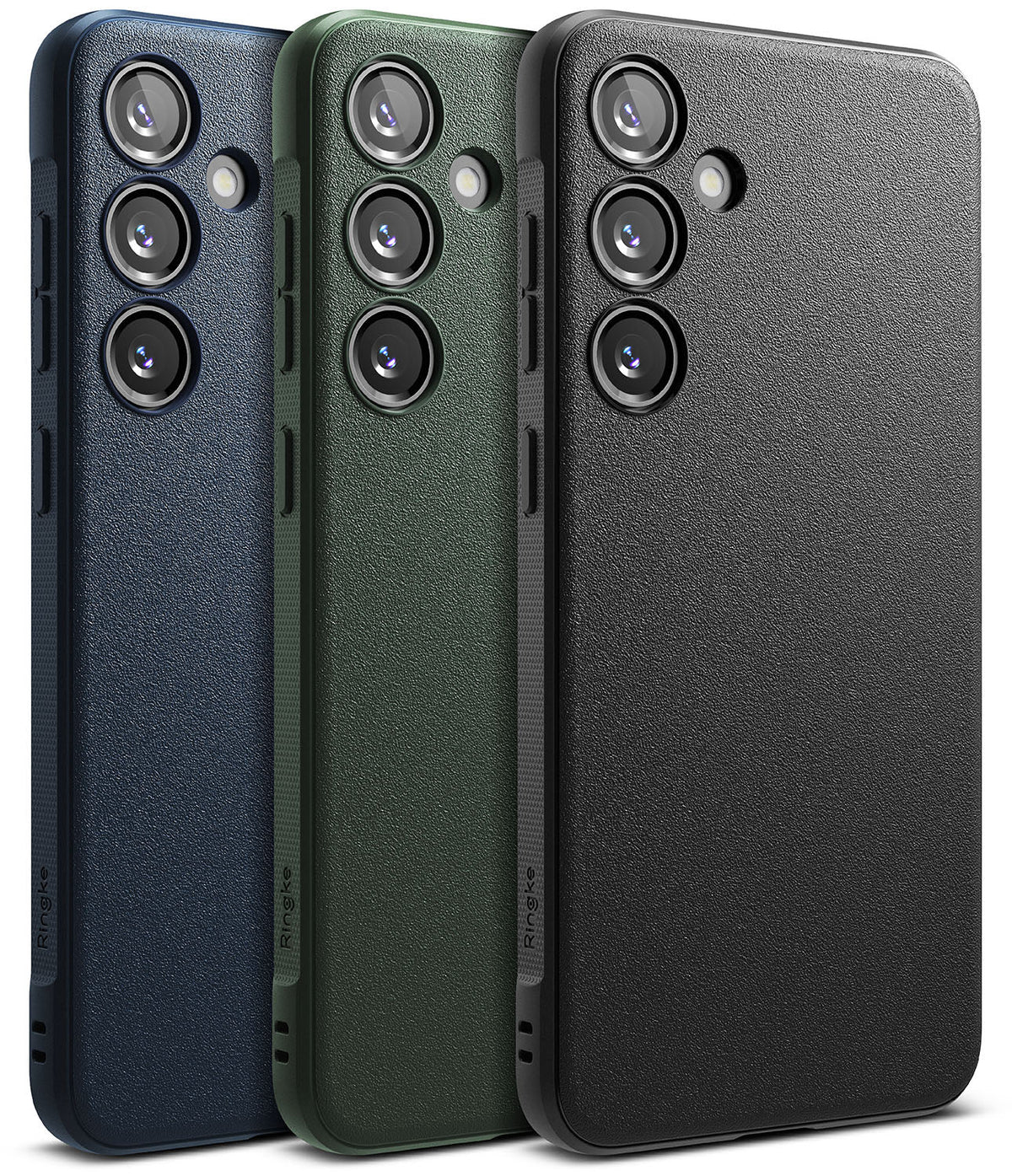 Galaxy S24 Plus Case | Onyx - Three textured phone cases in navy, olive green, and black, each with a triple-lens camera cutout.