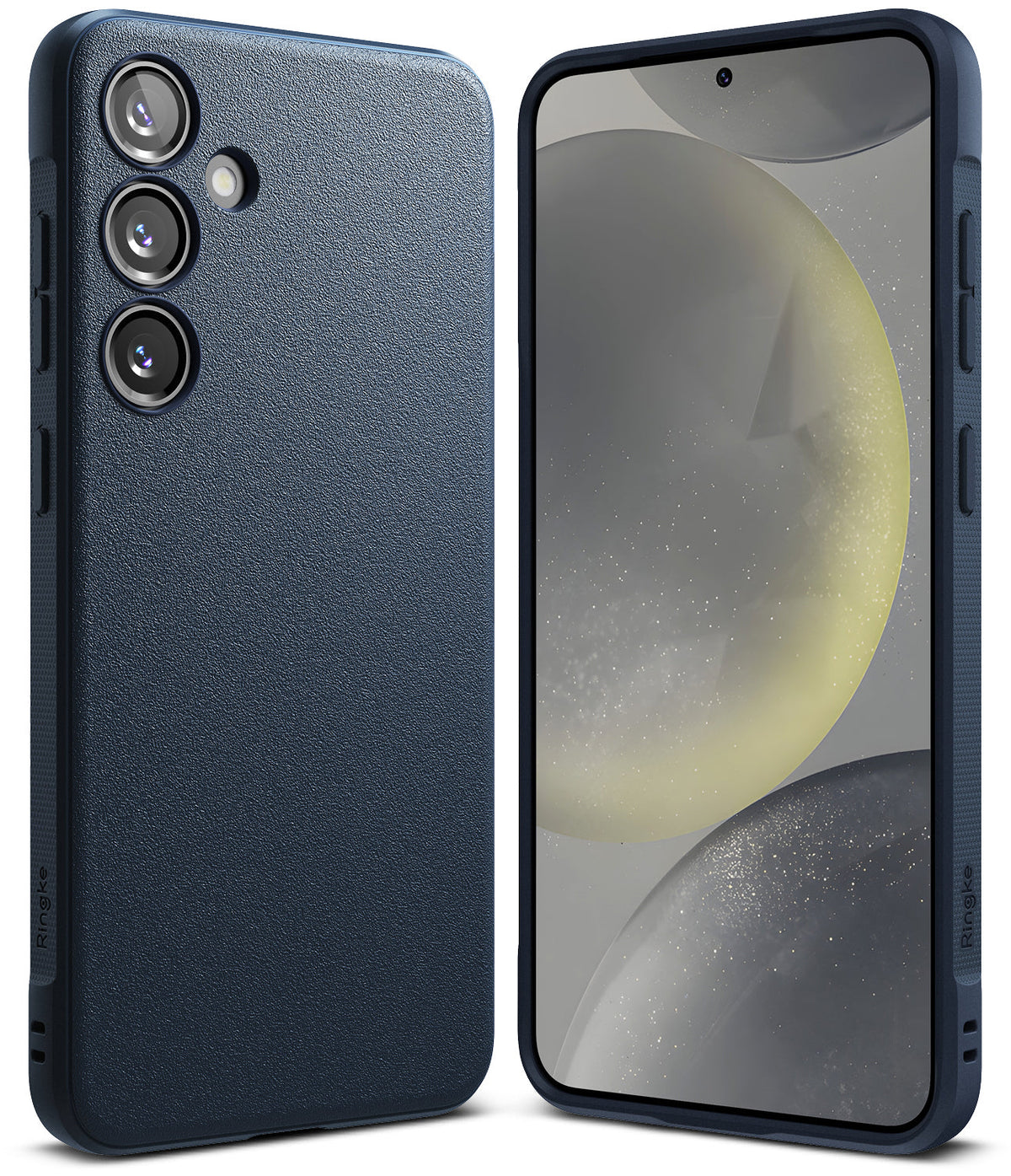 Galaxy S24 Plus Case | Onyx - Navy blue textured phone case shown from back and front with a spherical abstract wallpaper.