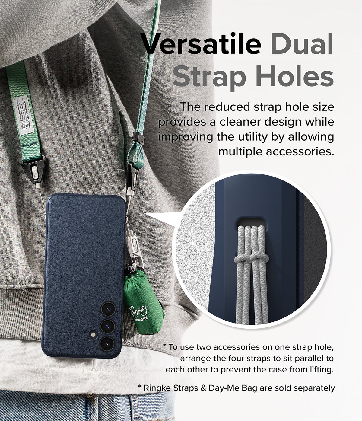 Galaxy S24 Case | Onyx - Navy phone case with dual strap holes holding a green lanyard and small accessory bag.