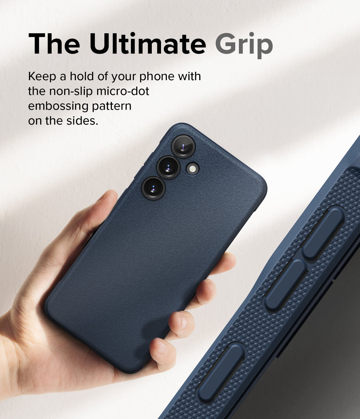 Galaxy S24 Plus Case | Onyx - Hand holding a navy phone case with a textured side featuring a non-slip micro-dot pattern.